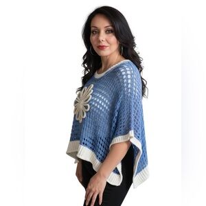 POL 🌼 Blue knit with Floral Short Sleeve Open crochet top